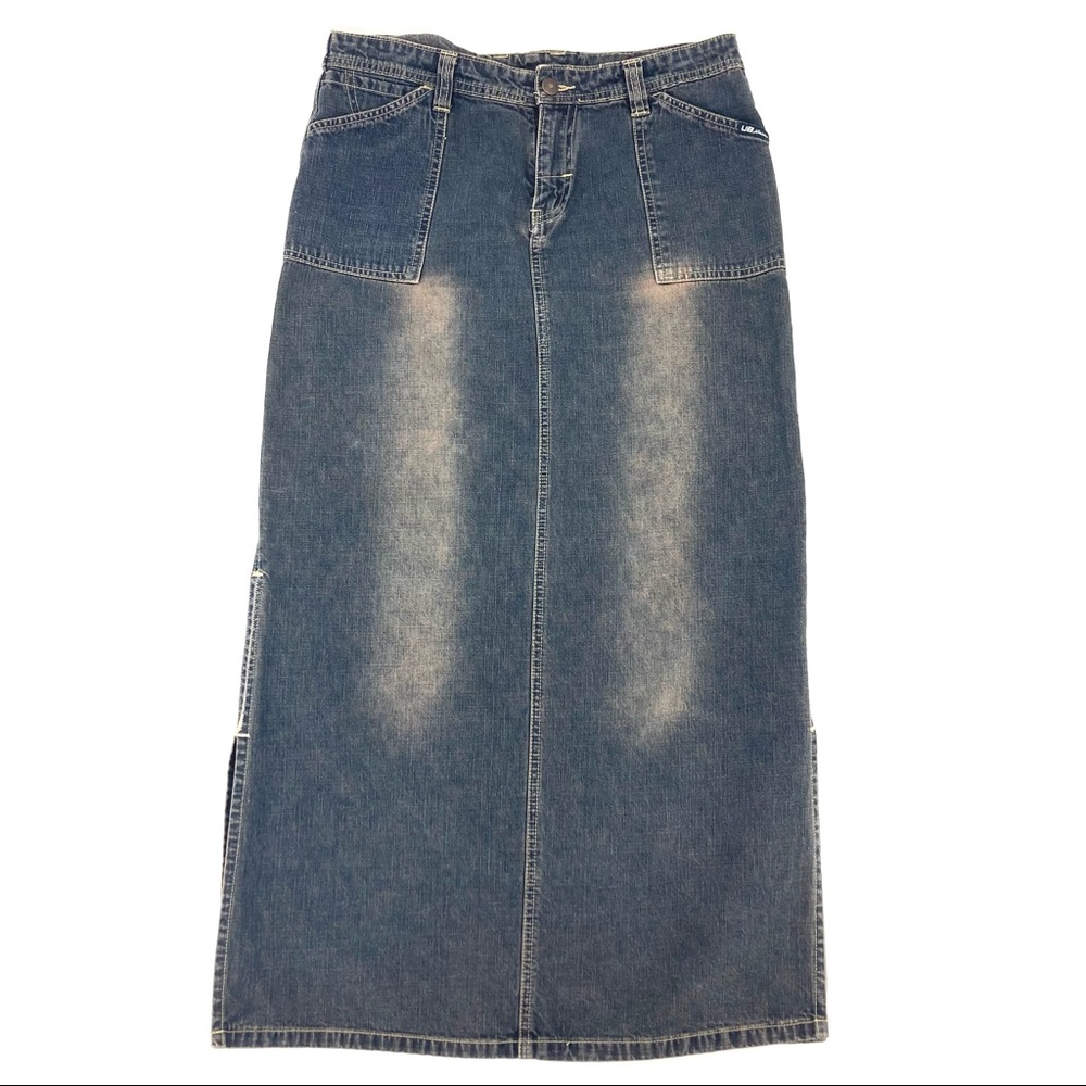 Dirty Dark Wash Denim Utility Maxi Skirt Vintage Union Bay